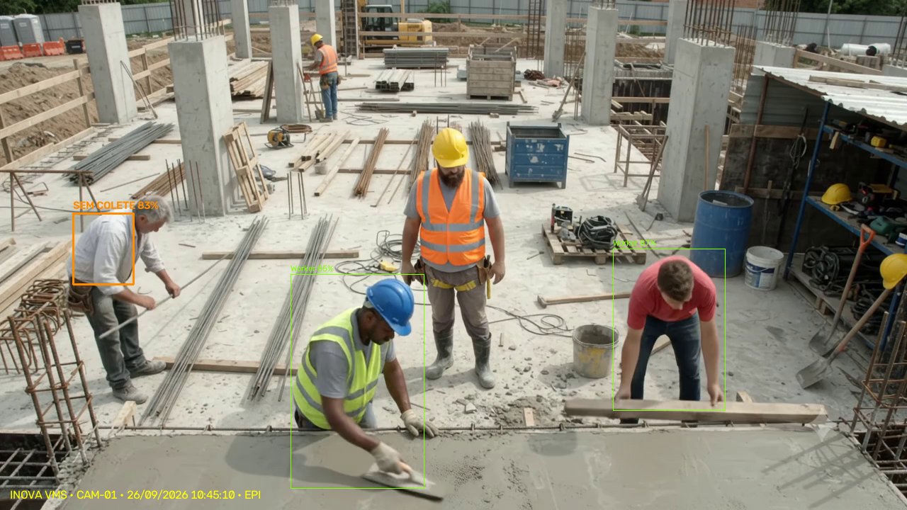 Canteiro de obras com trabalhadores; a inteligência artificial marca um trabalhador sem colete refletivo